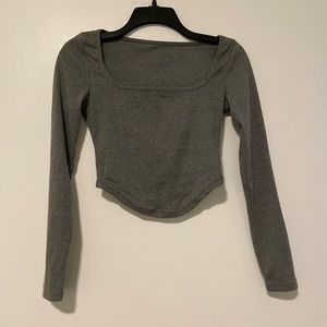 Grey Square Neck Plunge Finish Long Sleeve Crop Top